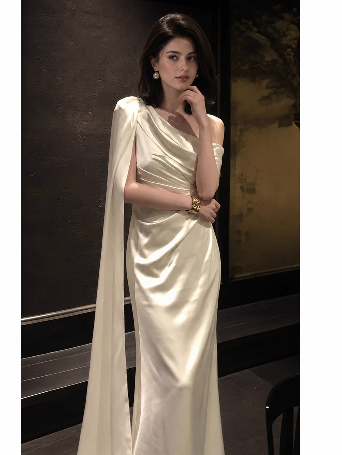 Ivory Draped Satin Evening Maxi Dress - Ivory