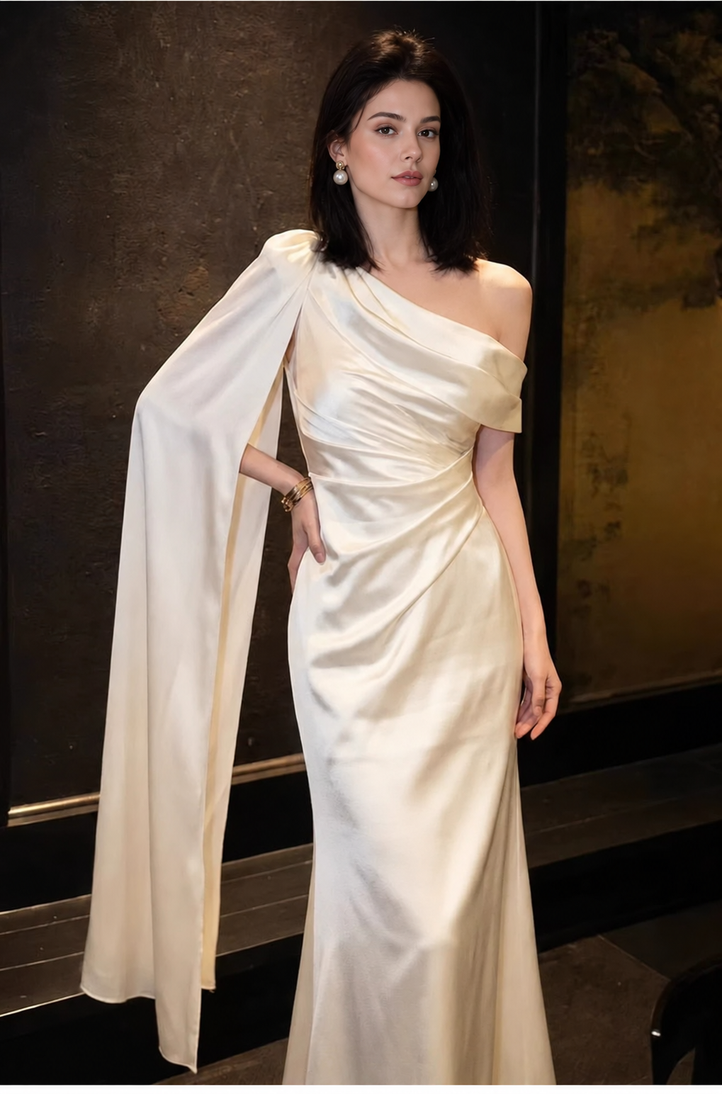 Ivory Draped Satin Evening Maxi Dress - Ivory
