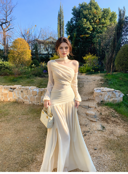 Apricot Asymmetric-Neck Mesh Evening Dress, light apricot, front view