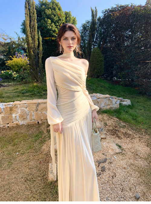 Apricot Asymmetric-Neck Mesh Evening Dress, light apricot, additional view
