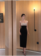 Square-Neck Colorblock Embellished Dress - Pink and Black
