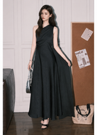 One-Shoulder Scarf A-Line Maxi Dress - Black