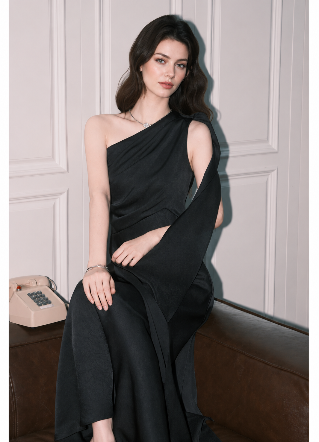 One-Shoulder Scarf A-Line Maxi Dress - Black