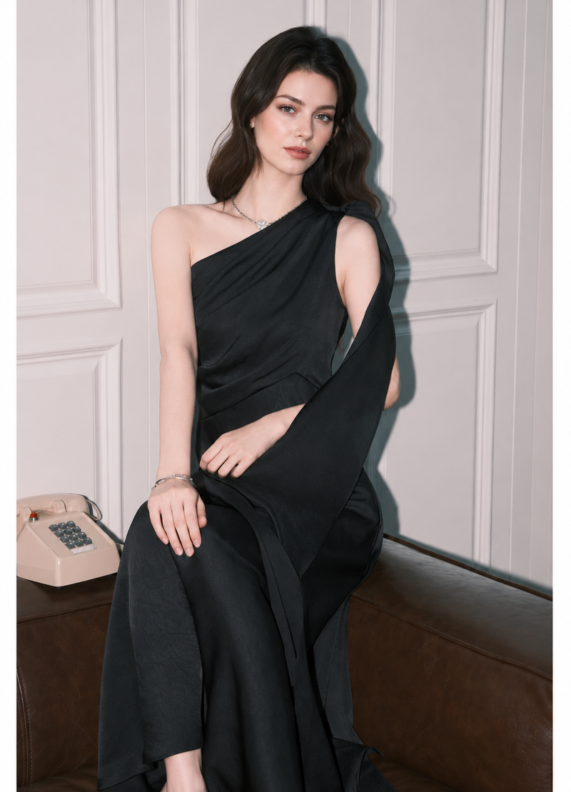 One-Shoulder Scarf A-Line Maxi Dress - Black