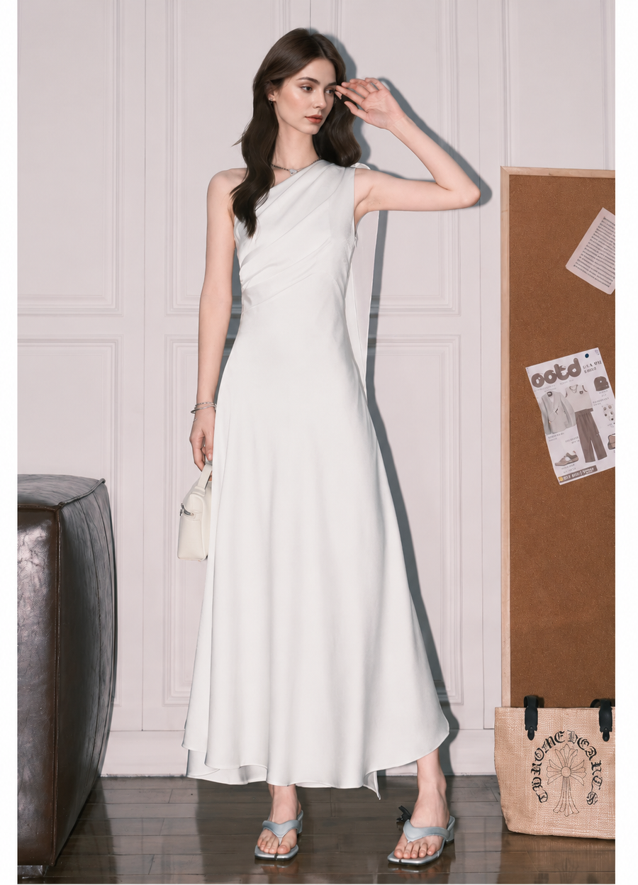 One-Shoulder Scarf A-Line Maxi Dress