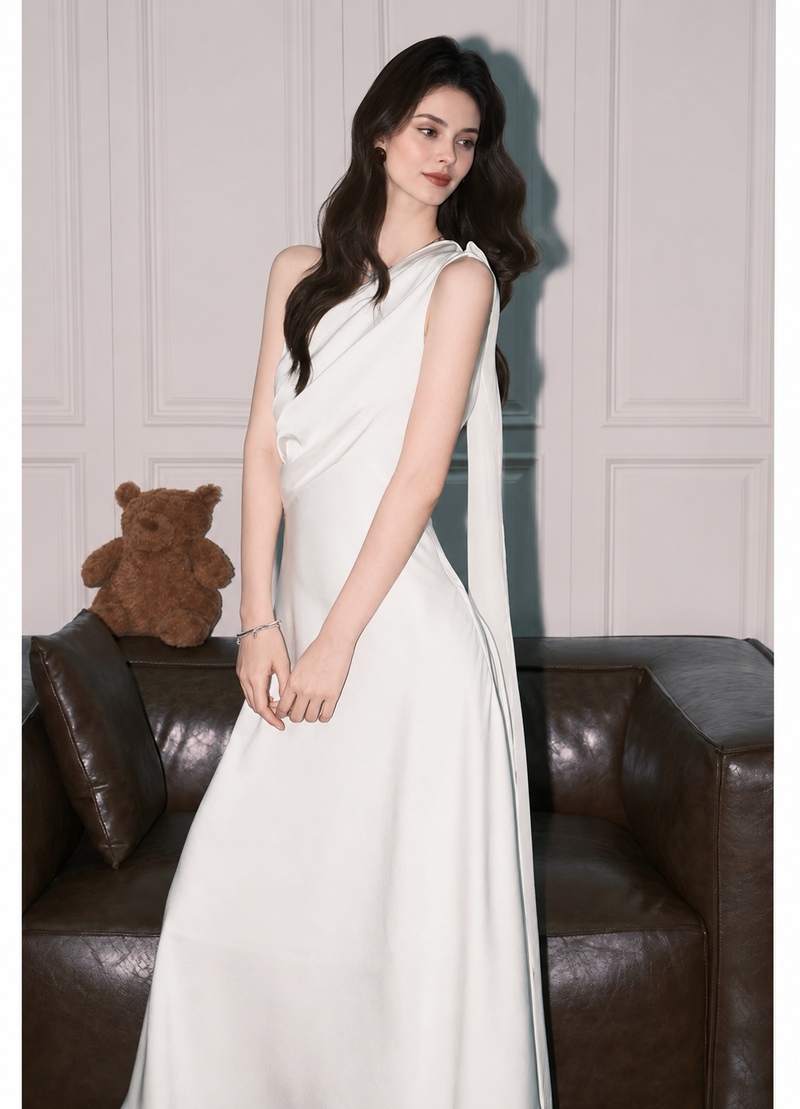 One-Shoulder Scarf A-Line Maxi Dress - White
