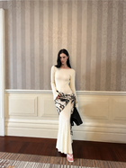 Boat-Neck Long-Sleeve Fitted Evening Maxi Dress - Pale Yellow