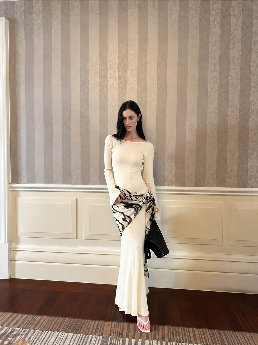 Boat-Neck Long-Sleeve Fitted Evening Maxi Dress