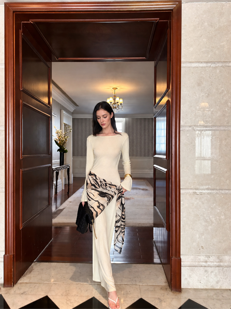 Boat-Neck Long-Sleeve Fitted Evening Maxi Dress - Pale Yellow