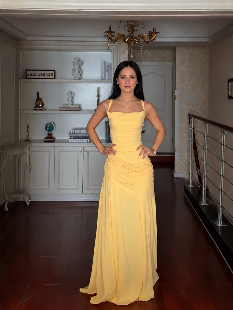 Yellow Ruched Strappy Prom Maxi Dress - Yellow