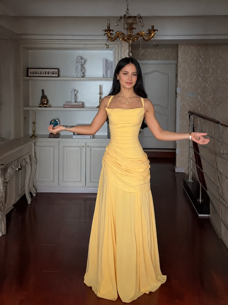Yellow Ruched Strappy Prom Maxi Dress - Yellow