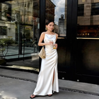 Square-Neck Satin Slit Maxi Dress - Ivory
