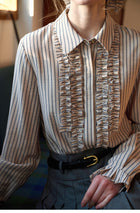 French Style Beige Striped Ruffle Blouse