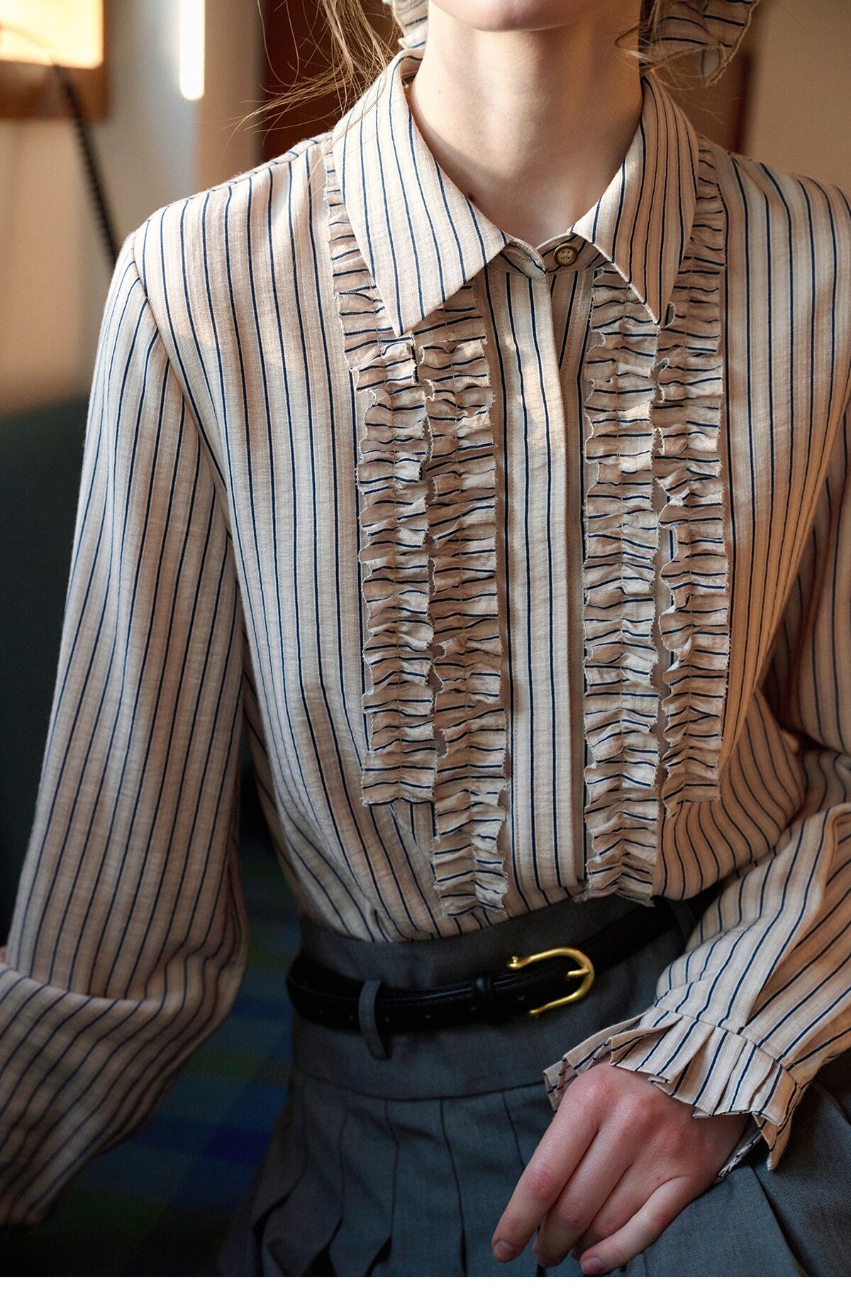 French Style Beige Striped Ruffle Blouse