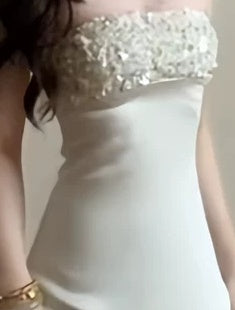Ivory Embellished Strapless Evening Maxi Dress - garment detail