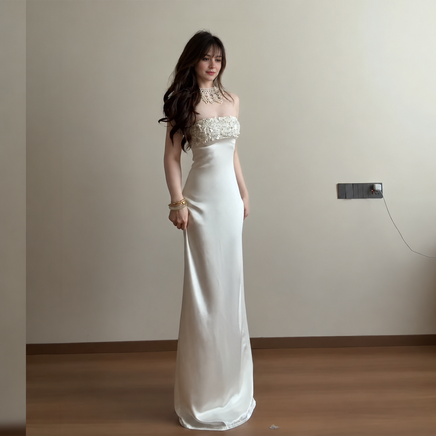 Ivory Embellished Strapless Evening Maxi Dress