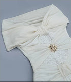 White Off-Shoulder Pleated Evening Maxi Dress - garment detail