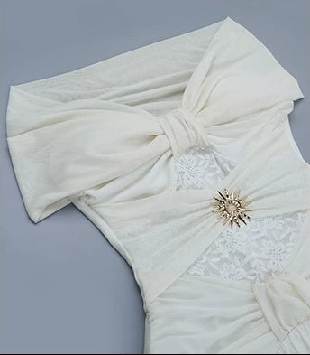 White Off-Shoulder Pleated Evening Maxi Dress - garment detail