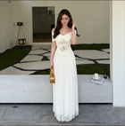White Off-Shoulder Pleated Evening Maxi Dress - White