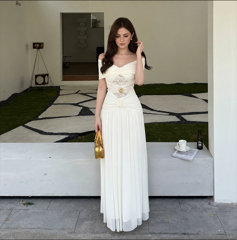 White Off-Shoulder Pleated Evening Maxi Dress - White