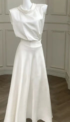 Ivory Scarf-Neck Satin A-Line Evening Dress - garment detail