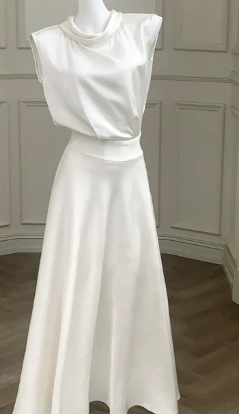 Ivory Scarf-Neck Satin A-Line Evening Dress - garment detail
