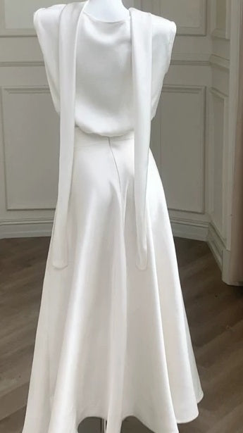 Ivory Scarf-Neck Satin A-Line Evening Dress - garment detail