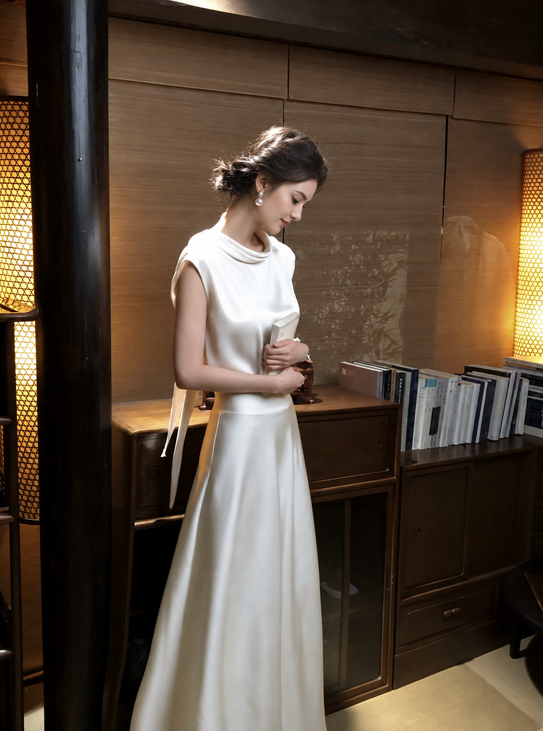 Ivory Scarf-Neck Satin A-Line Evening Dress - Moon White