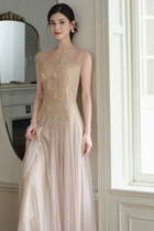 Lace Bodice Tulle A-Line Evening Maxi Dress - Pink