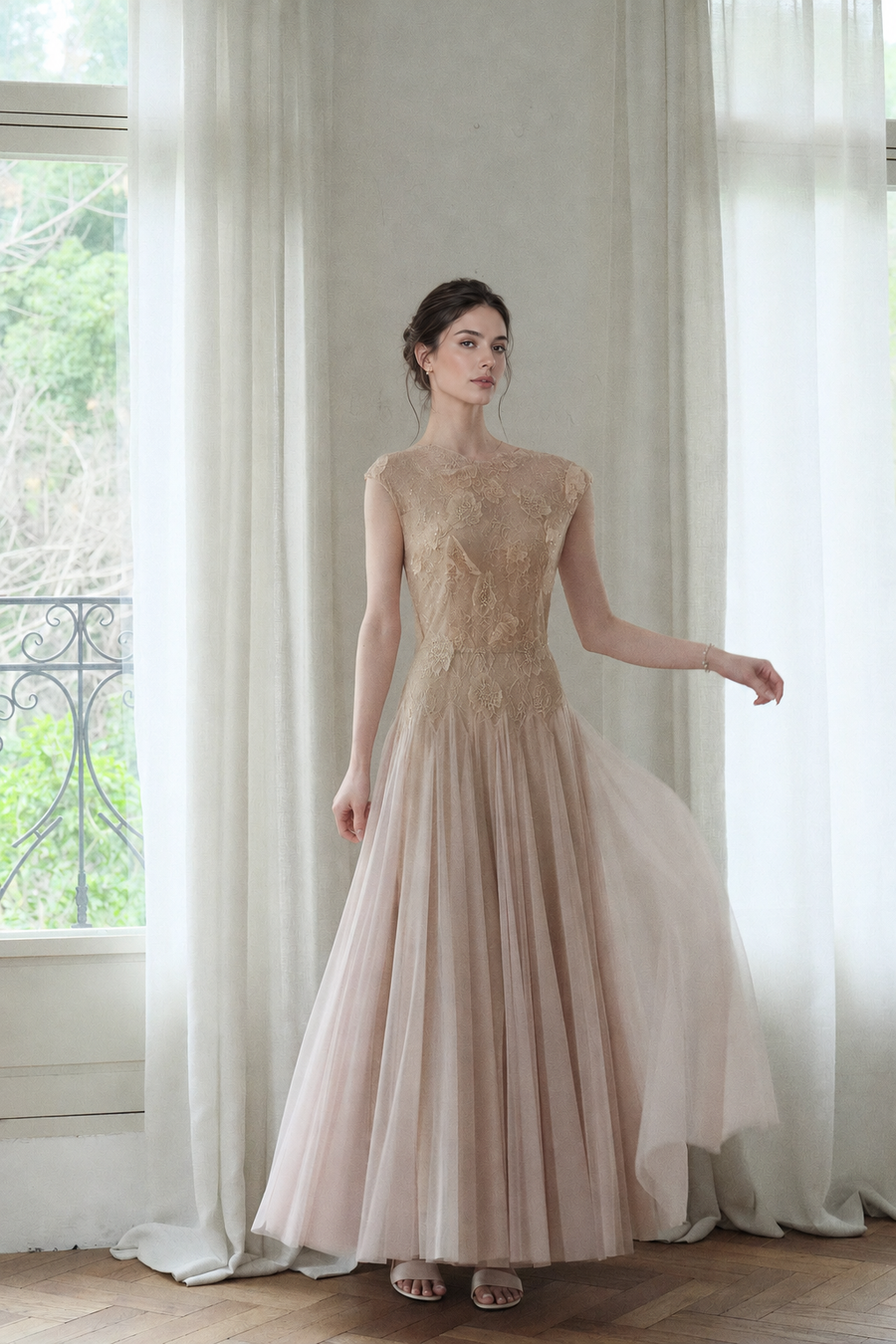 Lace Bodice Tulle A-Line Evening Maxi Dress