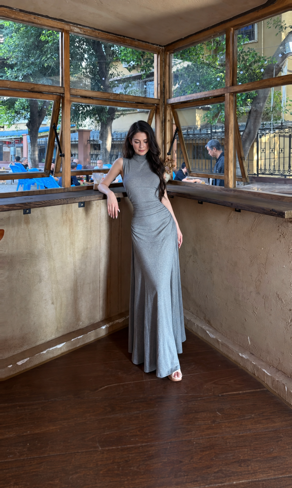 Gray Sleeveless Knit Mermaid Maxi Dress, gray, front view