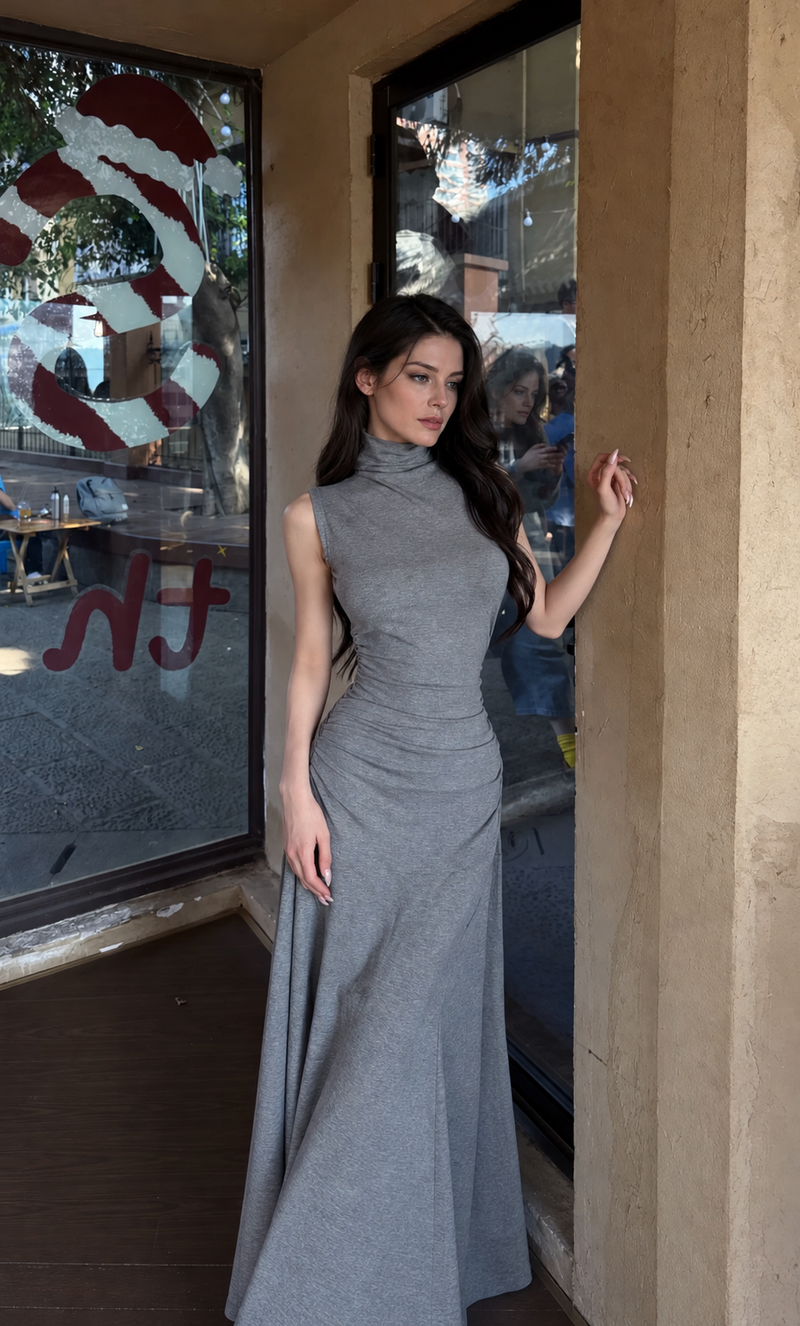 Gray Sleeveless Knit Mermaid Maxi Dress, gray, additional view