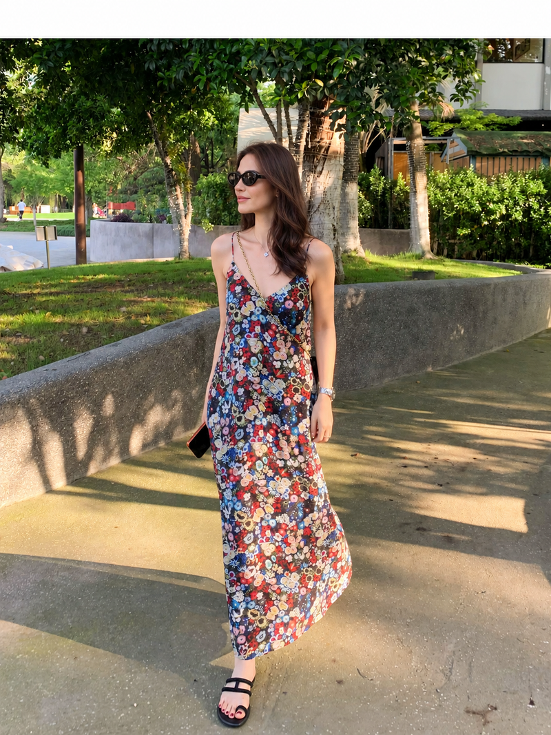 Floral Sleeveless Relaxed Summer Midi Dress, floral, front view