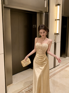 Gold Embellished-Bodice Satin Evening Gown - Champagne Gold