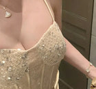 Gold Embellished-Bodice Satin Evening Gown - garment detail