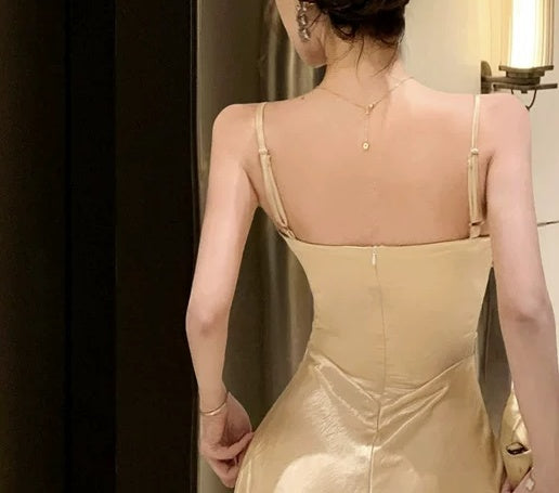 Gold Embellished-Bodice Satin Evening Gown - garment detail