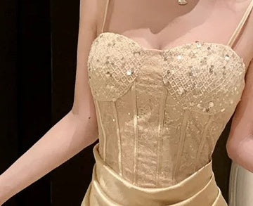 Gold Embellished-Bodice Satin Evening Gown - garment detail