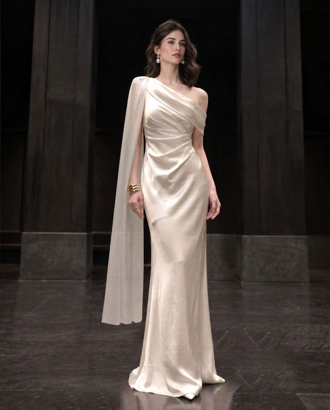 Draped One-Shoulder Satin Evening Maxi Dress - Ivory