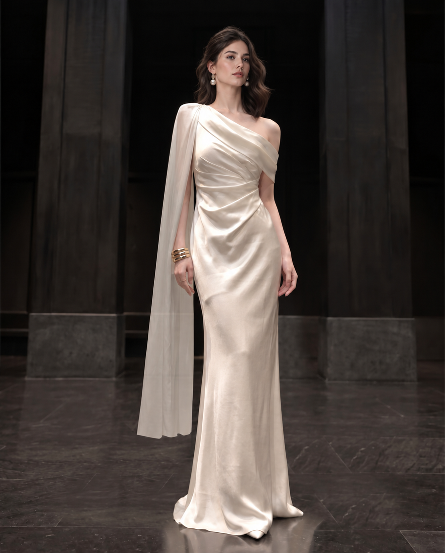 Draped One-Shoulder Satin Evening Maxi Dress