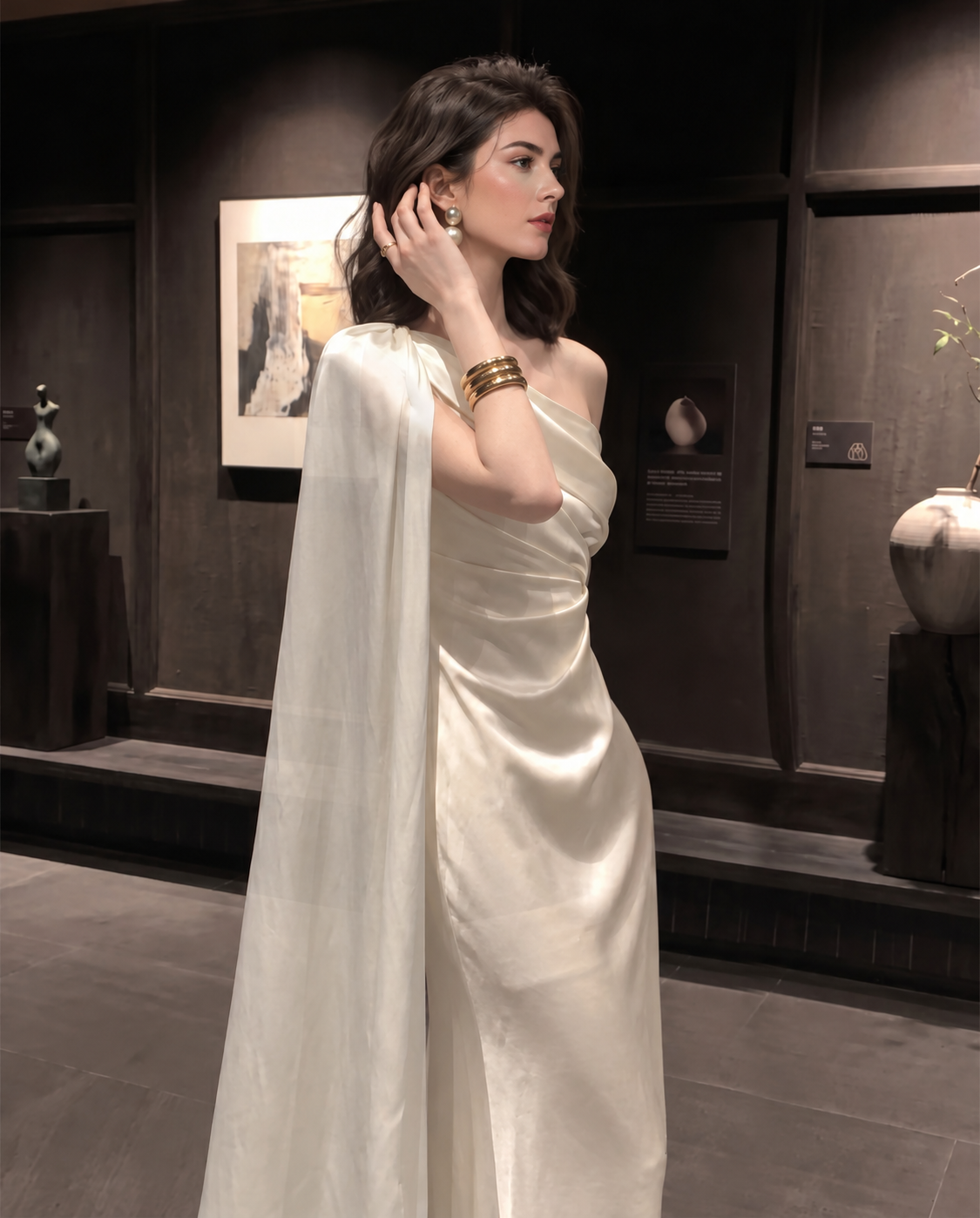 Draped One-Shoulder Satin Evening Maxi Dress - Ivory