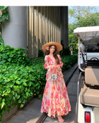 Rose Print Square-Neck Bell-Sleeve Maxi Dress, floral, front view