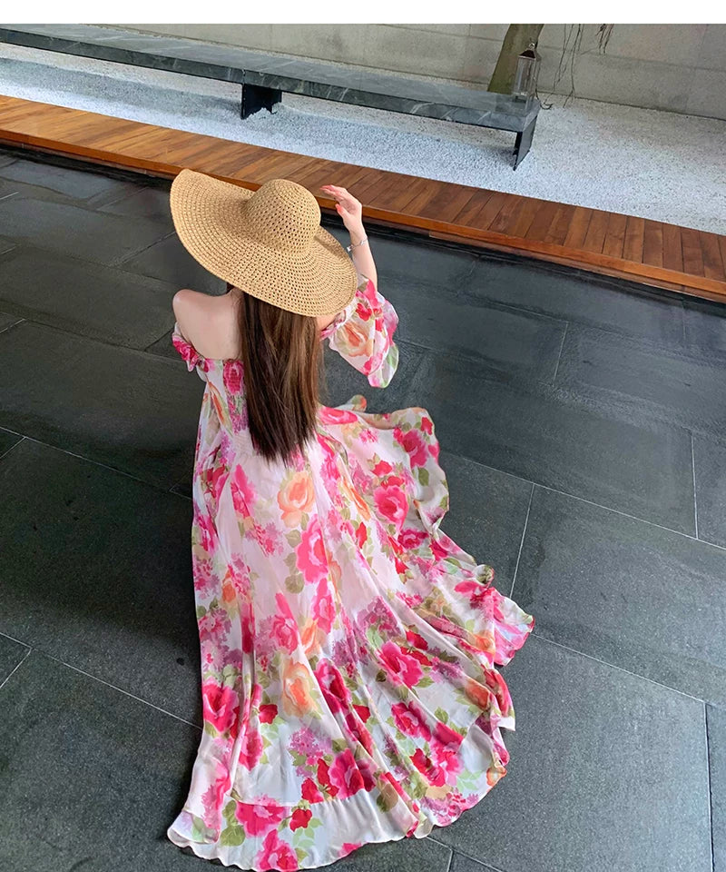 Rose Print Square-Neck Bell-Sleeve Maxi Dress, Floral, back print