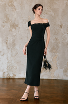 One-Shoulder Lace Trim Ruched Maxi Dress - Black