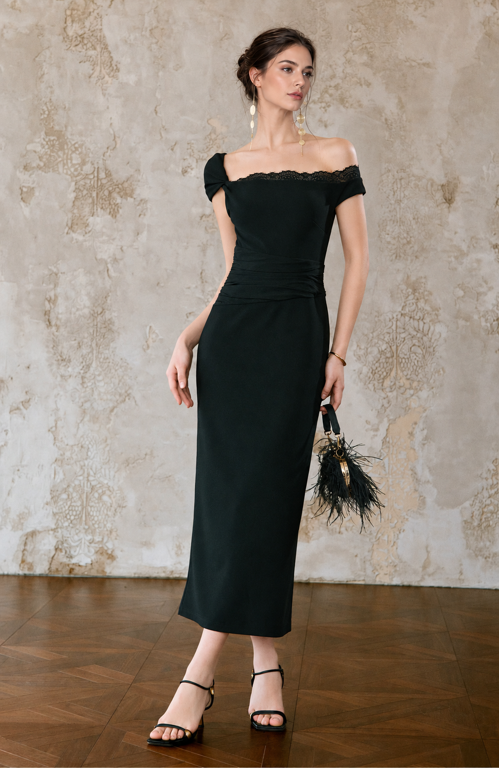 One-Shoulder Lace Trim Ruched Maxi Dress - Black