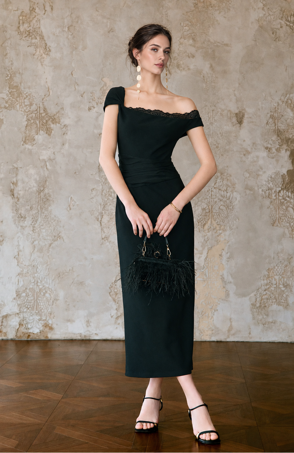 One-Shoulder Lace Trim Ruched Maxi Dress - Black