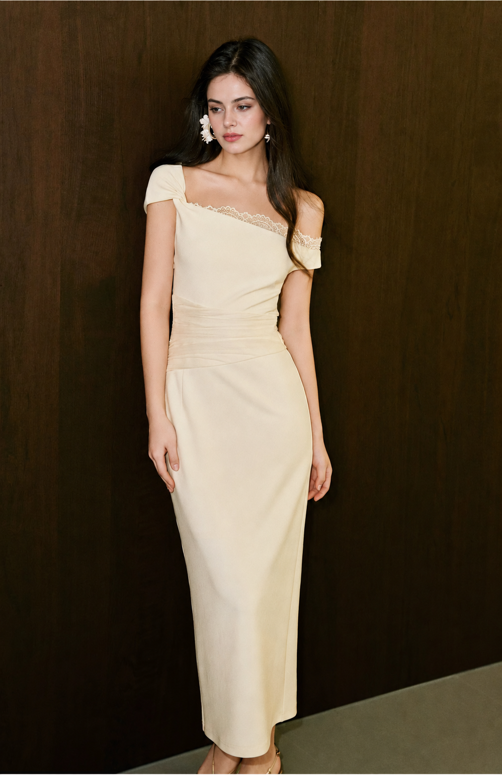 One-Shoulder Lace Trim Ruched Maxi Dress - Ivory