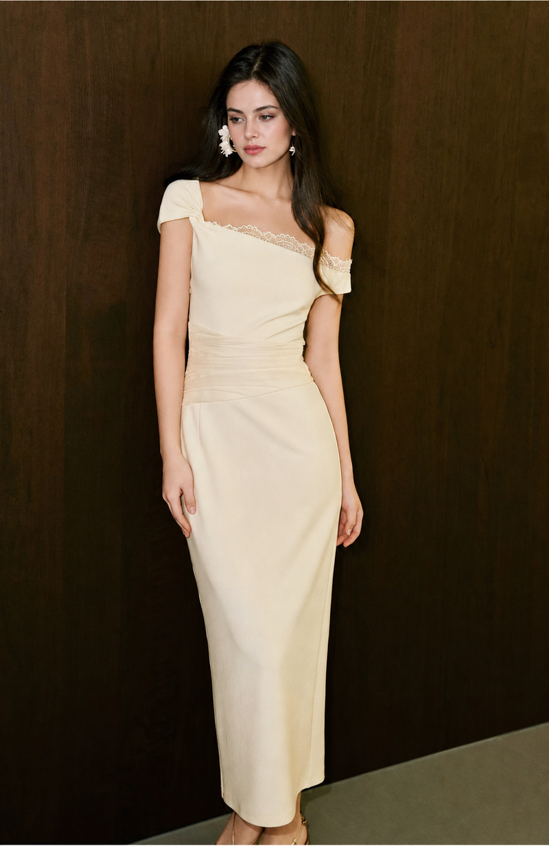 One-Shoulder Lace Trim Ruched Maxi Dress - Ivory