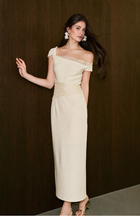One-Shoulder Lace Trim Ruched Maxi Dress - Ivory