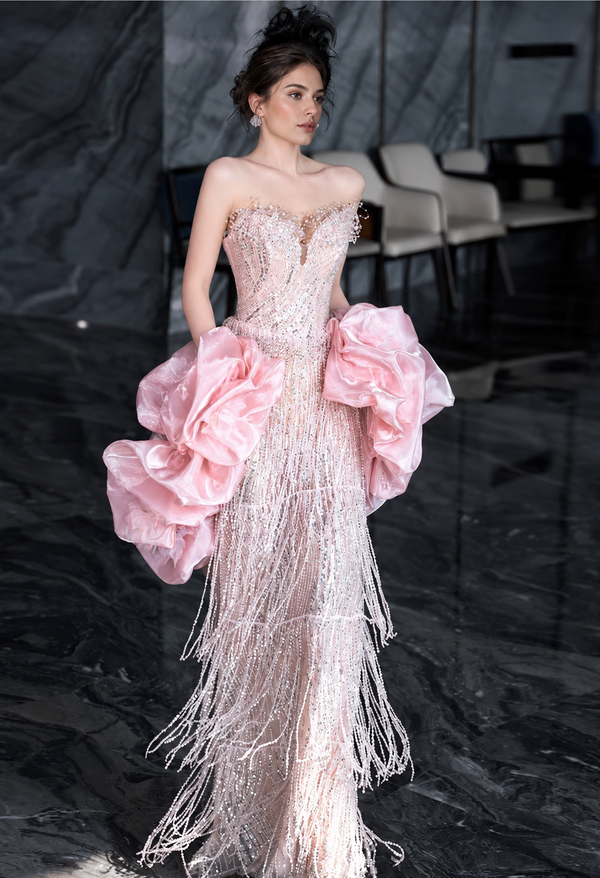 Pink Sequin Fringe Evening Gown with Ruffles - Pink