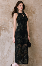 Embroidered Lace Mandarin Collar Midi Dress - Black